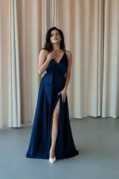 Сексуальное платье на бретельках с высоким разрезом, V-образный вырез 2023, темно-синее, подчеркивающее ключицы, Пляжное свадебное платье для гостей