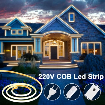 Светодиодные ленты COB 220V, Ультраяркая гибкая лента COB, 288 светодиодов / м, Водонепроницаемая светодиодная лента IP65 для наружного украшения сада