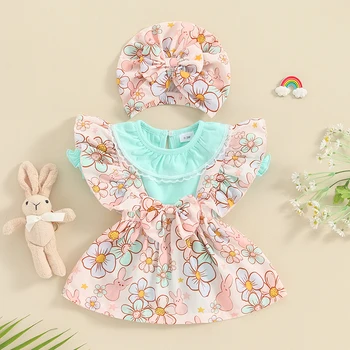 BeQeuewll/ Комплект одежды для маленьких девочек, комбинезон с коротким рукавом и принтом Кролика, платье на подтяжках и шляпка, Пасхальный наряд Для 0-18 месяцев