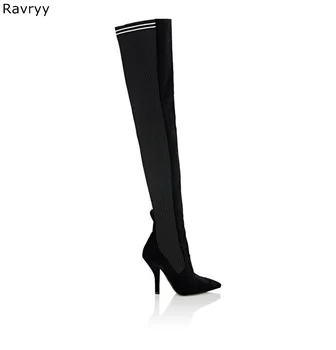 Эластичные Вязаные Черные Длинные сапоги выше колена с заплатками, женская модельная обувь для вечеринок, обувь для показа, Острый носок, Осенне-зимняя мода