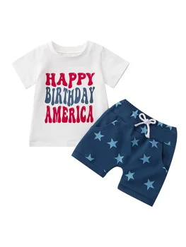 Футболка с патриотическим принтом 4 июля для маленьких мальчиков и шорты со звездами, комплект одежды из 2 предметов