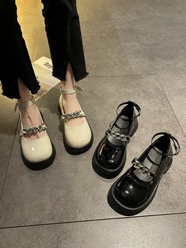 Женская обувь: Mary Little на толстой подошве 2023, весенне-осенние новые кожаные туфли Mary Jane с блестящими бриллиантами