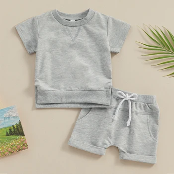 Летняя одежда для малышей, мальчиков и девочек, однотонная футболка с коротким рукавом, шорты с эластичной резинкой на талии, комплект одежды из 2 предметов