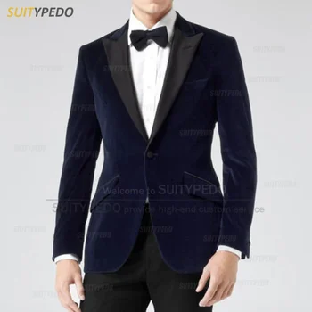 Приталенный мужской костюм темно-синего цвета, модный блейзер с отворотом, роскошный пиджак жениха для свадебной вечеринки, 1 предмет, официальное деловое мужское пальто