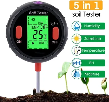 Измеритель влажности почвы 5 в 1, Комплект для тестирования почвы Растений с PH, Тестером PH Почвы, Тестером Кислотности Света и Влаги для Цветов