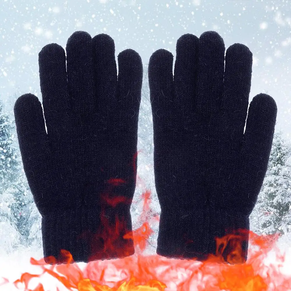 1 пара Зимних теплых Вязаных перчаток с полными пальцами Мужские Женские Эластичные Однотонные Шерстяные Варежки Толстые Теплые Перчатки для езды на велосипеде на открытом воздухе Изображение 1