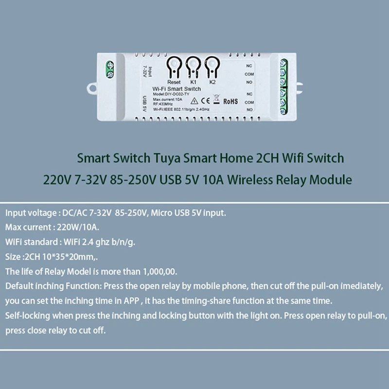 2CH Tuya Wifi Smart Switch Wifi Переключатель 7-32 В USB 5 В 2,4 Г Wifi Smartlife Модуль Домашней Автоматизации для Alexa Google Home IFTT Изображение 3