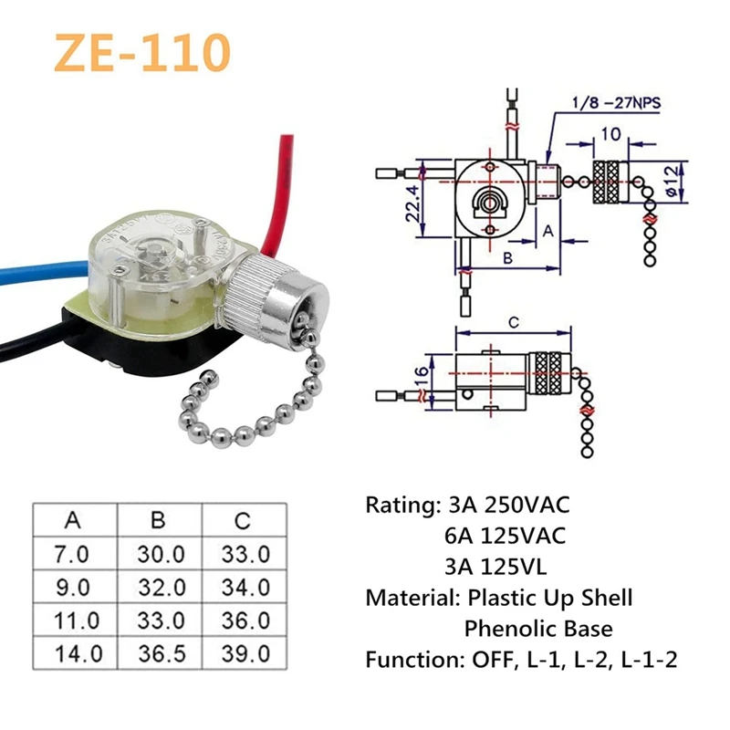 3 шт Потолочный вентилятор Выключатель света ZE-110 Переключатель вентилятора 3-полосный переключатель скорости вентилятора Замена потолочного выключателя на цепочке Изображение 3