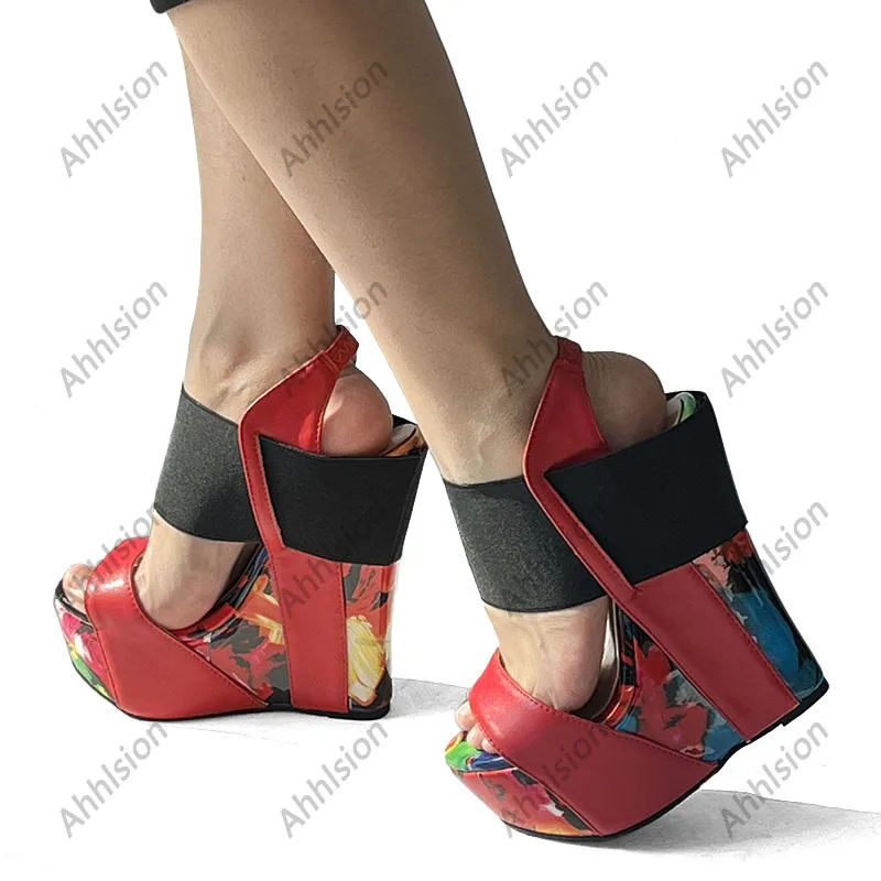 Ahhlsion, женские летние босоножки ручной работы, платформа, танкетка, Каблук с открытым носком, Красивые вечерние туфли с принтом, женские размеры США 5-20 Изображение 1
