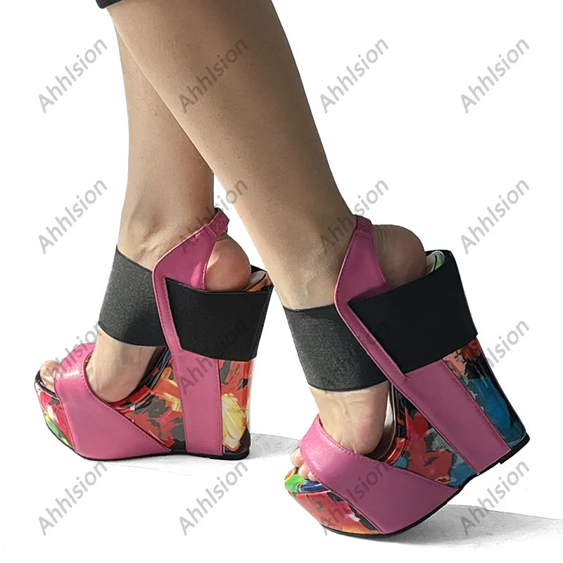 Ahhlsion, женские летние босоножки ручной работы, платформа, танкетка, Каблук с открытым носком, Красивые вечерние туфли с принтом, женские размеры США 5-20 Изображение 2