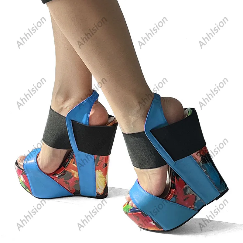 Ahhlsion, женские летние босоножки ручной работы, платформа, танкетка, Каблук с открытым носком, Красивые вечерние туфли с принтом, женские размеры США 5-20 Изображение 4