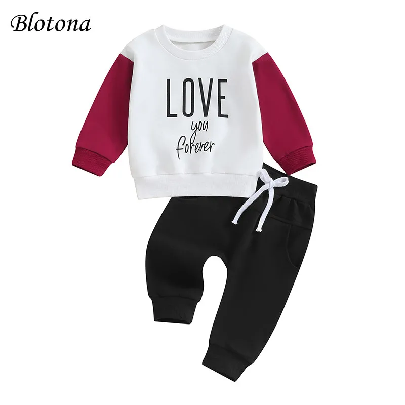Blotona/ Комплект одежды из 2 предметов на День Святого Валентина для маленьких мальчиков и девочек, пуловер контрастного цвета с буквенным принтом и штаны на завязках Изображение 0