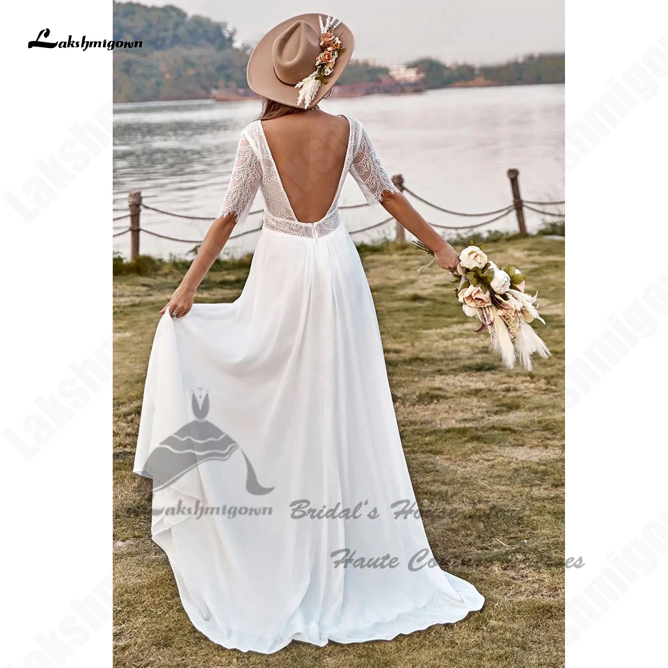Lakshmigown, гражданское свадебное платье в стиле бохо с открытой спиной, кружевное платье с коротким рукавом 2023 Abito Sposa, сказочные пляжные свадебные платья с разрезом сбоку Изображение 1