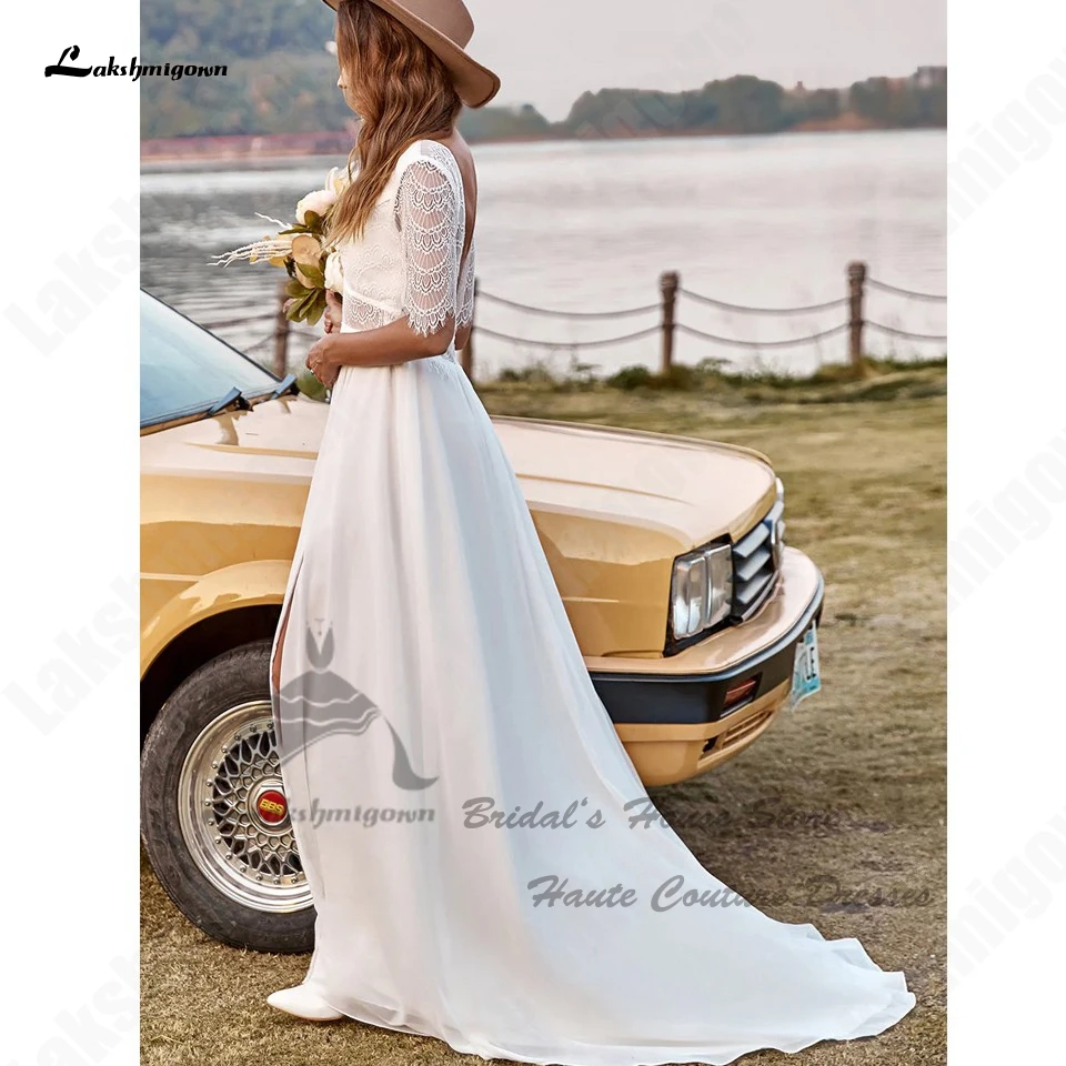 Lakshmigown, гражданское свадебное платье в стиле бохо с открытой спиной, кружевное платье с коротким рукавом 2023 Abito Sposa, сказочные пляжные свадебные платья с разрезом сбоку Изображение 2