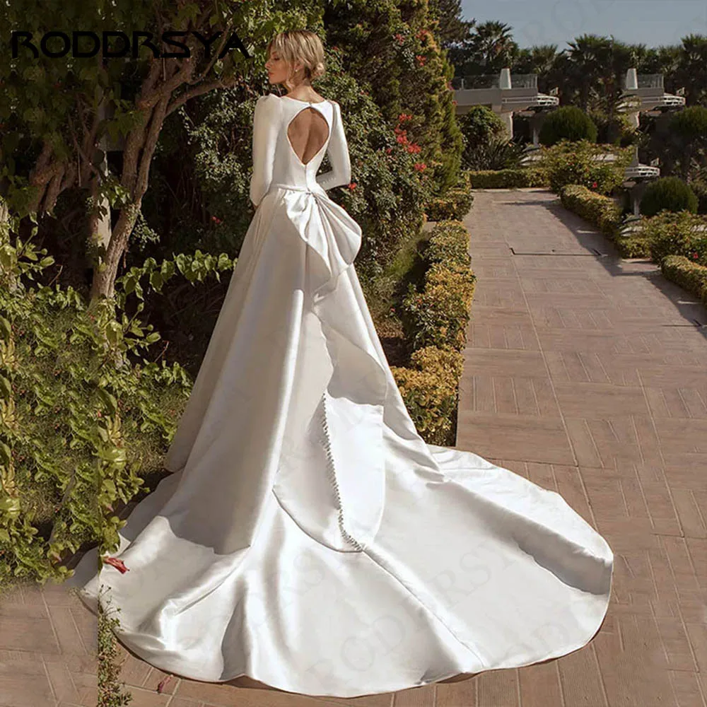 RODDRSYA Простые свадебные платья из атласа с длинными рукавами, свадебное платье с квадратным вырезом и открытой спиной, Элегантное свадебное платье со шлейфом Изображение 3