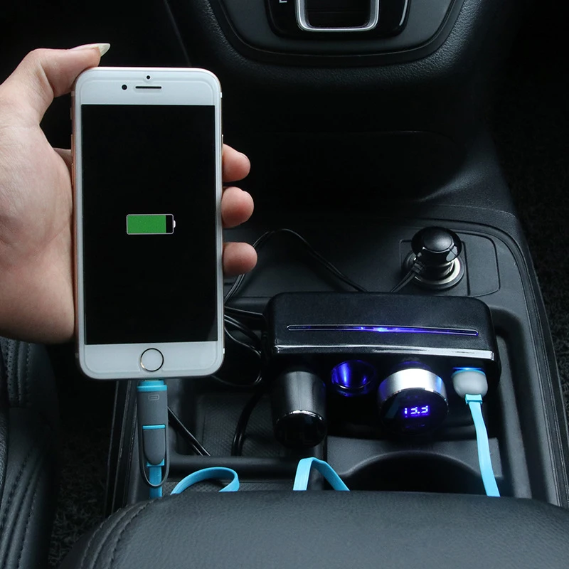 Автомобильное зарядное устройство для мобильного телефона, автомобильное зарядное устройство с двумя USB-разъемами, Одноточечная трехрозеточная розетка мощностью 120 Вт, прочная Изображение 4
