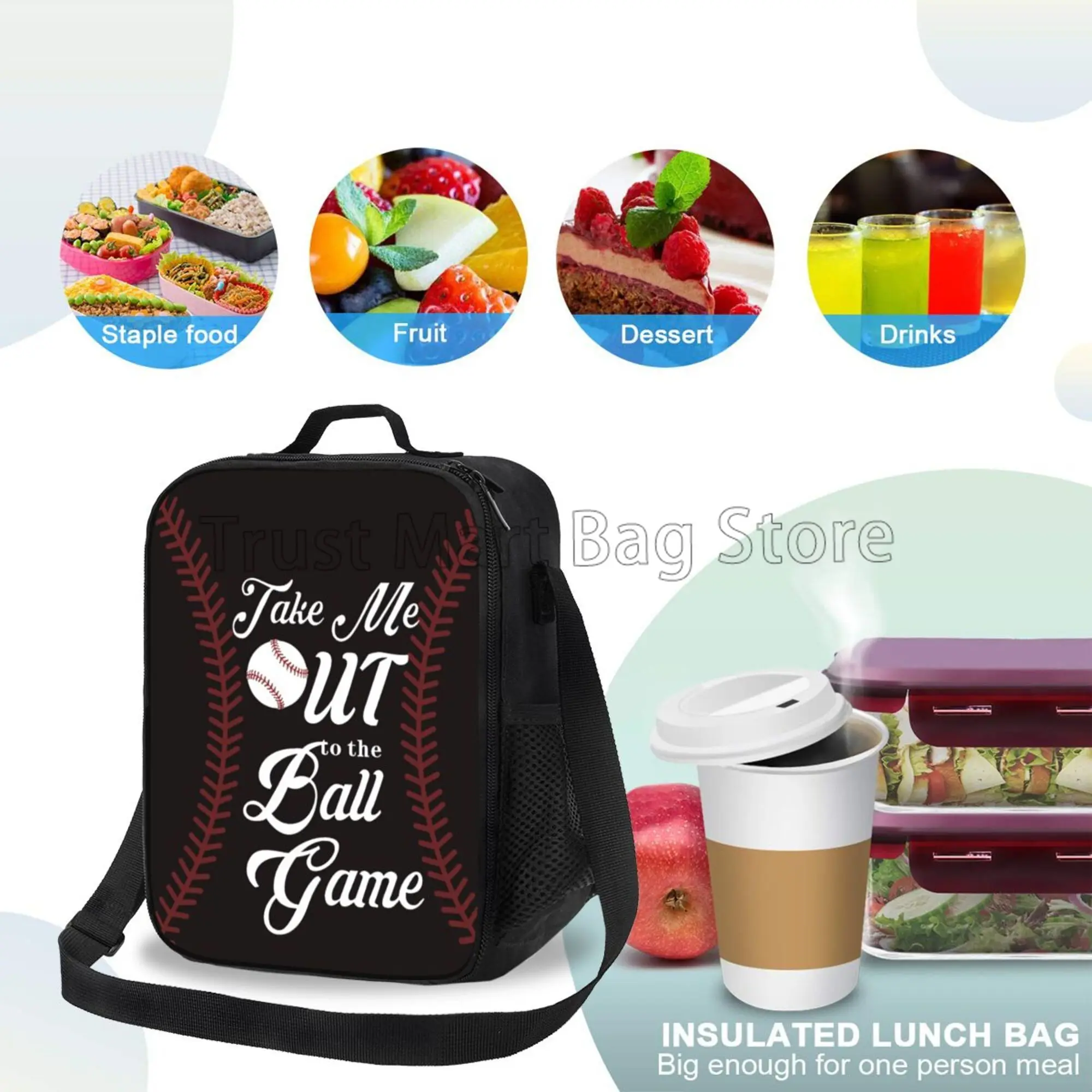 Бейсбольный дизайн, многоразовая сумка для ланча, изолированный ланч-бокс с регулируемым плечевым ремнем, герметичные сумки-тоут Bento для работы и пикника Изображение 3