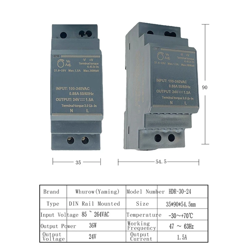 Блок питания на DIN-рейке HDR-30-24 С защитой От короткого замыкания Светодиодный Индикатор Включения постоянного тока 24 В 1.5А Изображение 4