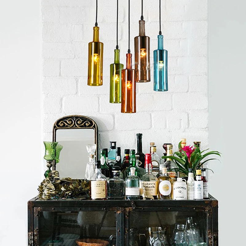 Винтажный стеклянный подвесной светильник креативный светильник для пивной бутылки с 5 цветами подвесной светильник в стиле лофт для кухни ресторана бара гостиной Изображение 3