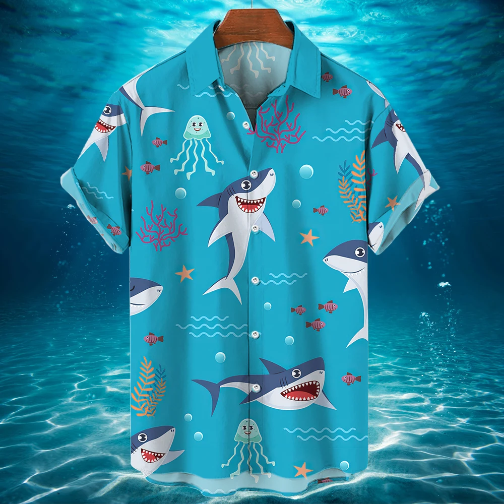 Гавайская рубашка, дизайнерская рубашка с глубоководной акулой, Модная пуговица на лацкане, высококачественная одежда, Повседневный праздничный мужской топ первого выбора Изображение 0
