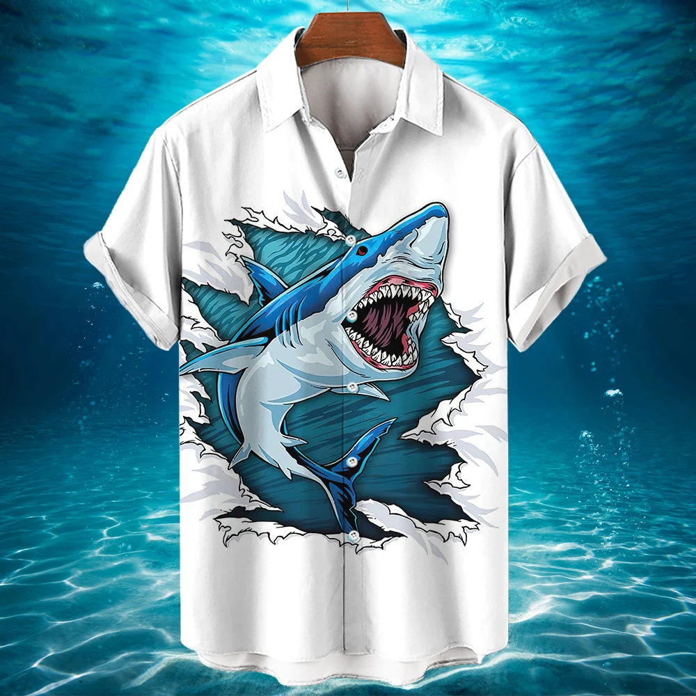 Гавайская рубашка, дизайнерская рубашка с глубоководной акулой, Модная пуговица на лацкане, высококачественная одежда, Повседневный праздничный мужской топ первого выбора Изображение 1