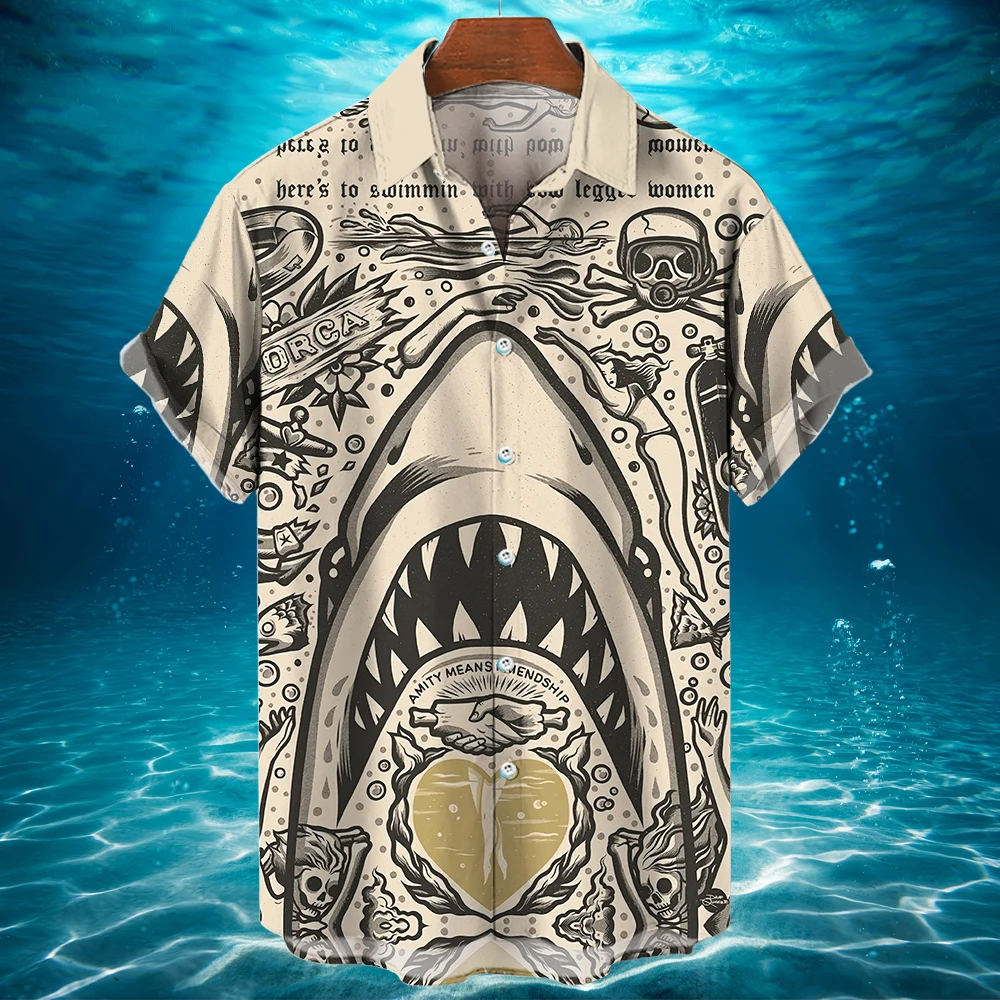 Гавайская рубашка, дизайнерская рубашка с глубоководной акулой, Модная пуговица на лацкане, высококачественная одежда, Повседневный праздничный мужской топ первого выбора Изображение 2