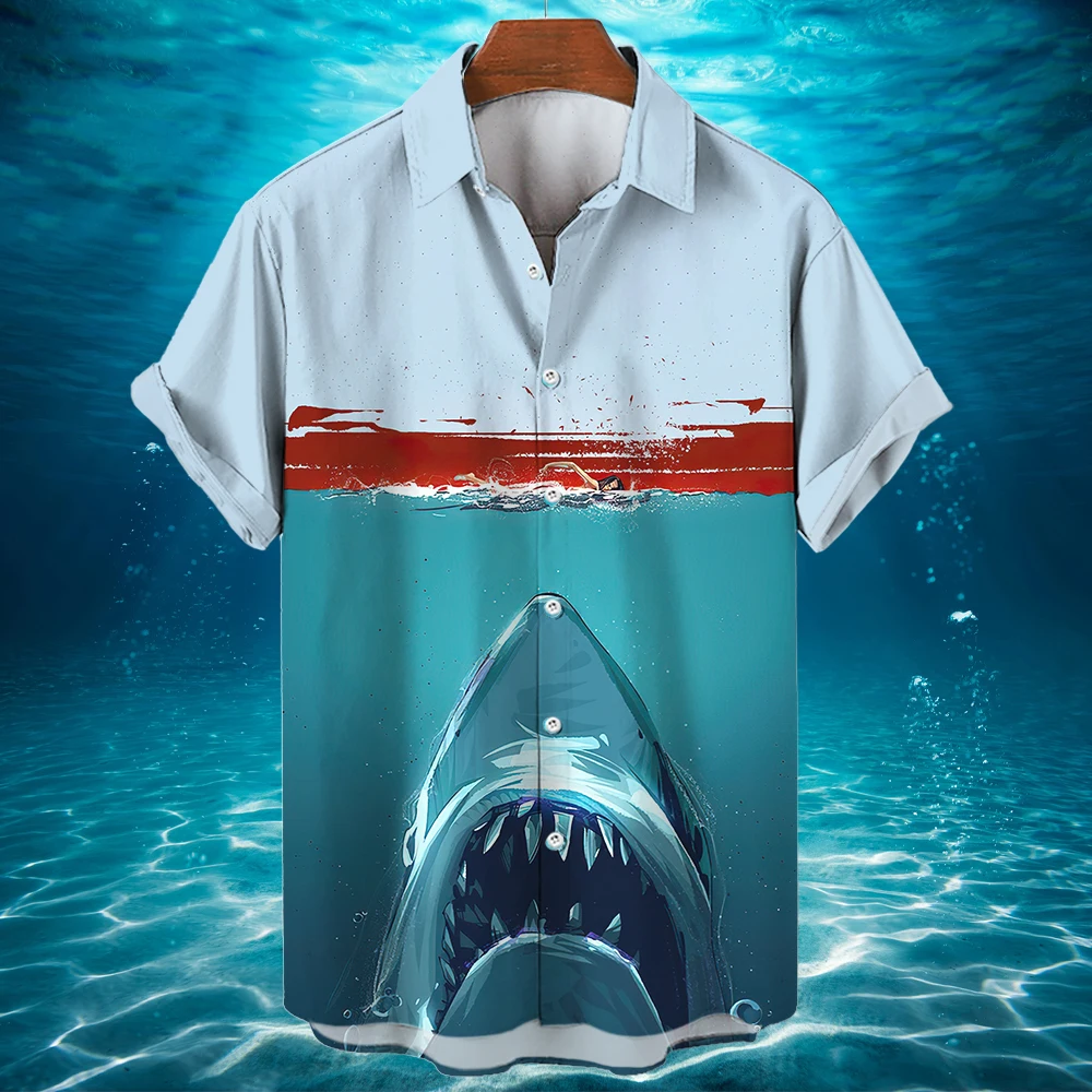 Гавайская рубашка, дизайнерская рубашка с глубоководной акулой, Модная пуговица на лацкане, высококачественная одежда, Повседневный праздничный мужской топ первого выбора Изображение 3