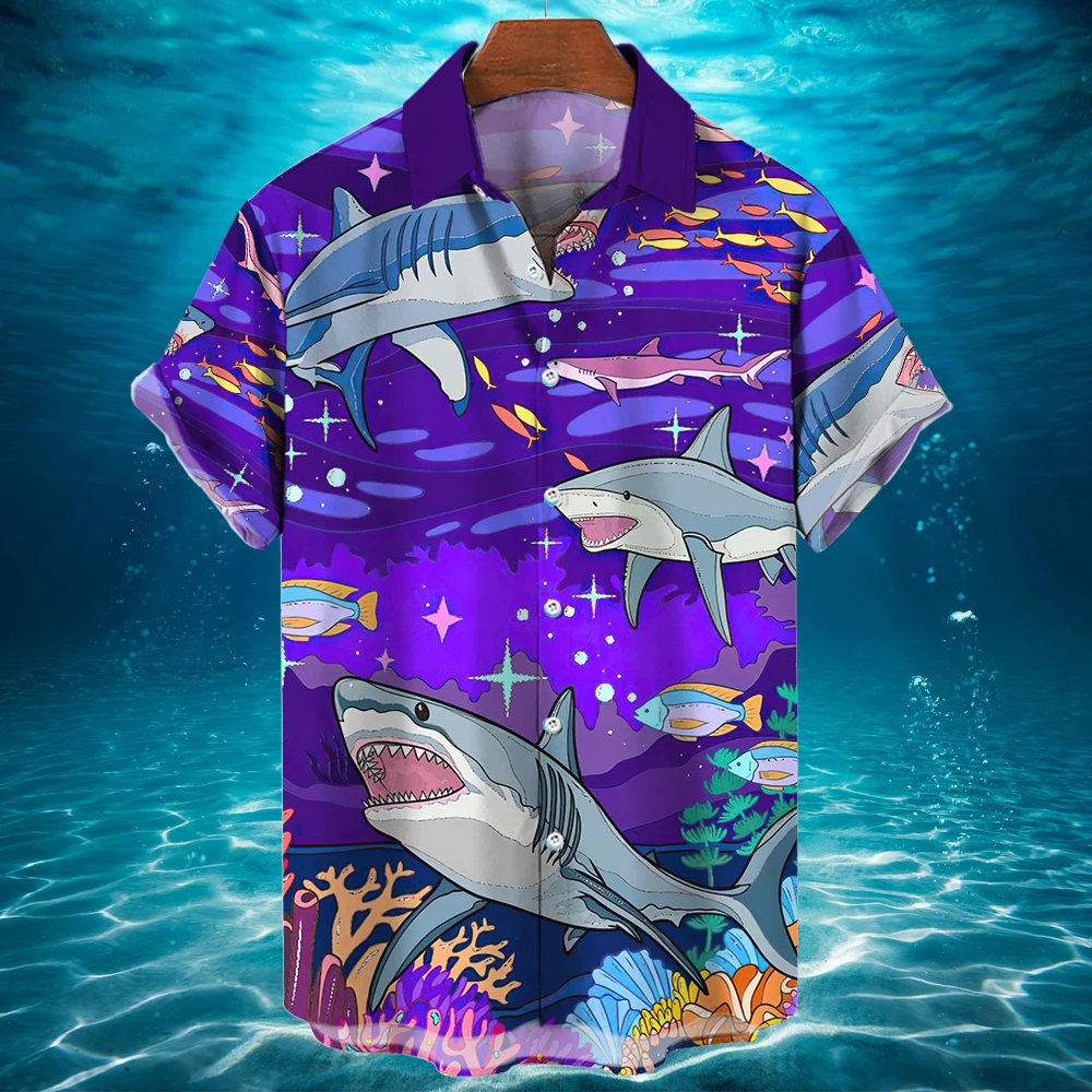 Гавайская рубашка, дизайнерская рубашка с глубоководной акулой, Модная пуговица на лацкане, высококачественная одежда, Повседневный праздничный мужской топ первого выбора Изображение 4