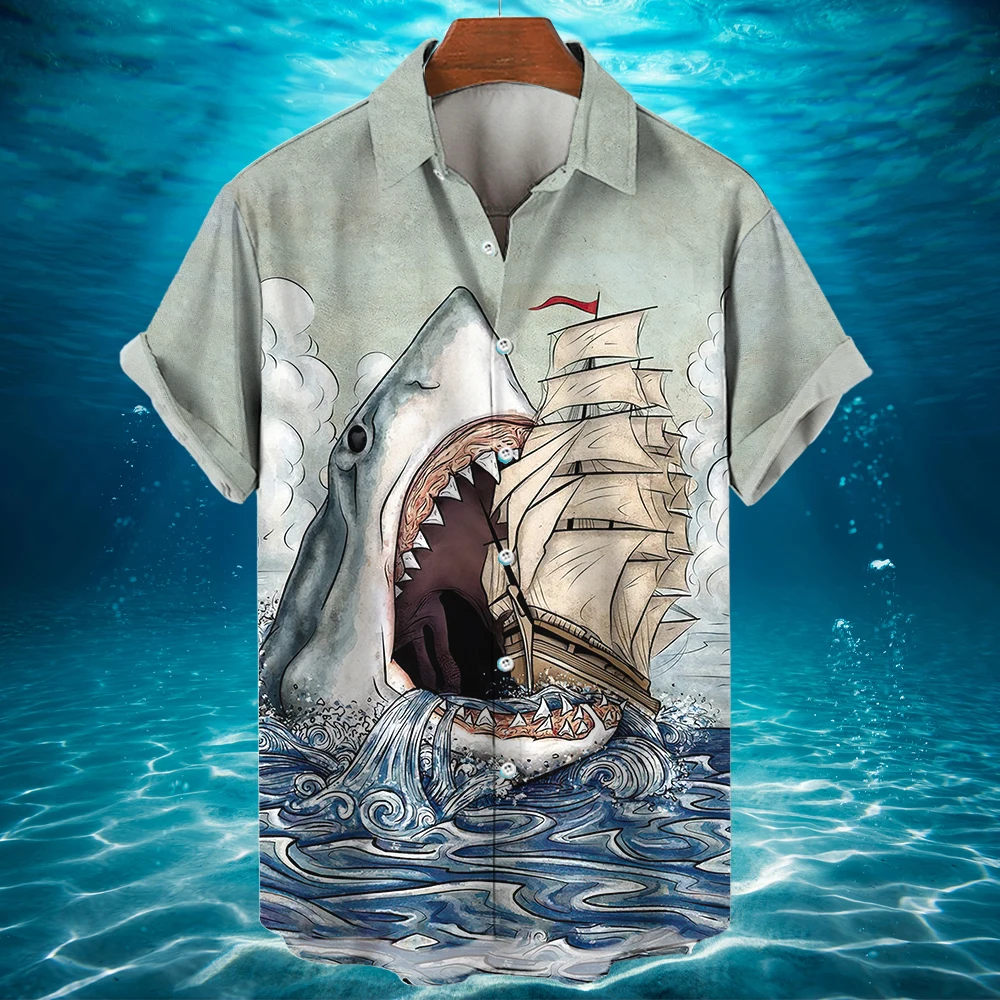Гавайская рубашка, дизайнерская рубашка с глубоководной акулой, Модная пуговица на лацкане, высококачественная одежда, Повседневный праздничный мужской топ первого выбора Изображение 5
