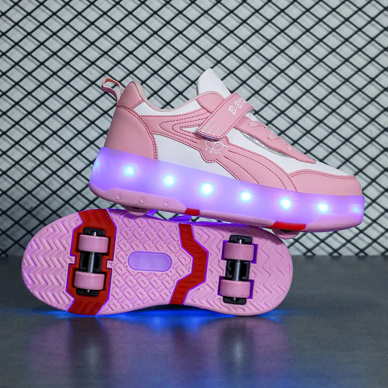 Детские Двухколесные Светящиеся кроссовки, Обувь для роликовых коньков со светодиодной подсветкой, Детская обувь со светодиодной подсветкой Для мальчиков и девочек, USB-зарядка, Черный, Красный, Розовый Изображение 0
