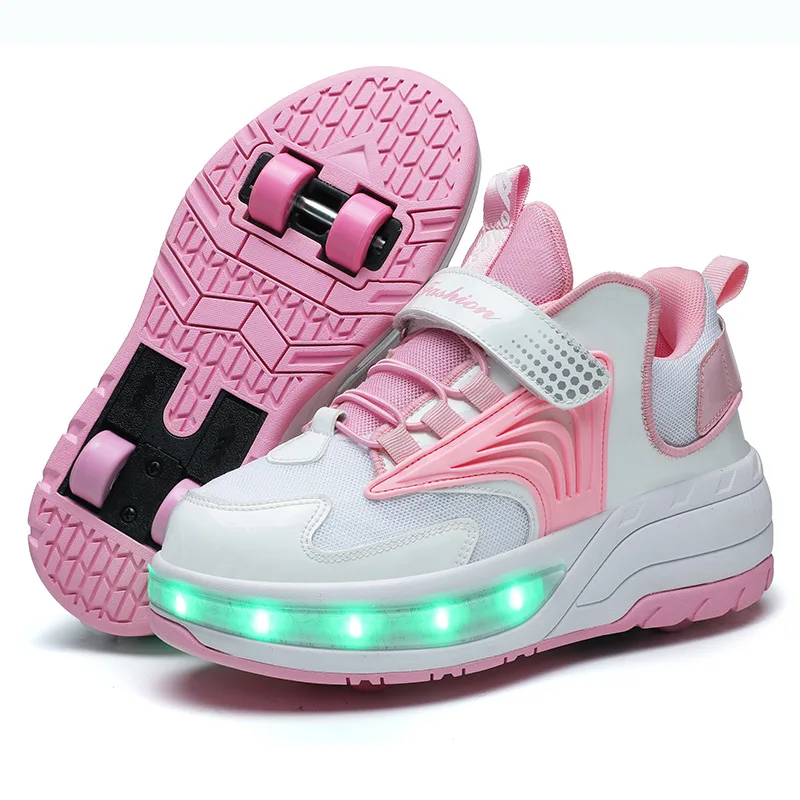 Детские Двухколесные Светящиеся кроссовки, Обувь для роликовых коньков со светодиодной подсветкой, Детская обувь со светодиодной подсветкой Для мальчиков и девочек, USB-зарядка, Черный, Красный, Розовый Изображение 1
