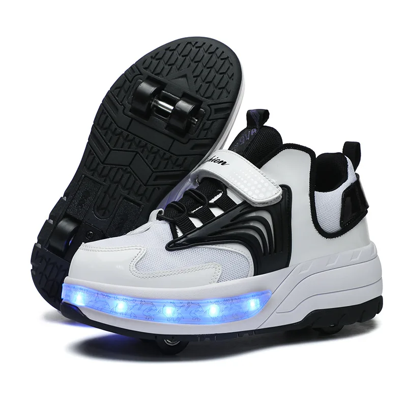 Детские Двухколесные Светящиеся кроссовки, Обувь для роликовых коньков со светодиодной подсветкой, Детская обувь со светодиодной подсветкой Для мальчиков и девочек, USB-зарядка, Черный, Красный, Розовый Изображение 2
