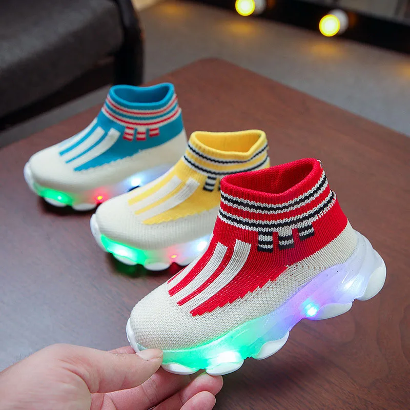 Детские кроссовки, Детские светящиеся носки с буквенной сеткой для девочек и мальчиков, Спортивные кроссовки для бега, обувь с подсветкой, обувь Изображение 0