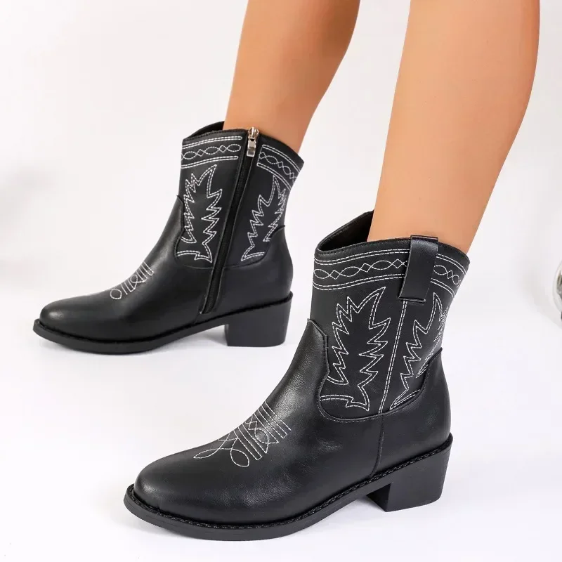 Женская зимняя классическая обувь 2023 года, женские ботильоны на молнии сбоку, женская обувь на квадратном каблуке с вышивкой, женские ботинки с вышивкой Изображение 1