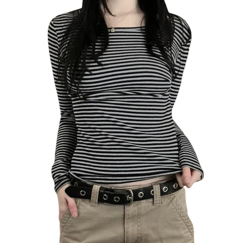 Женские винтажные футболки, Топы в полоску, Весенне-осенняя одежда y2k 2000-х, тонкие топы с длинными рукавами, Женская одежда, уличная одежда Изображение 0