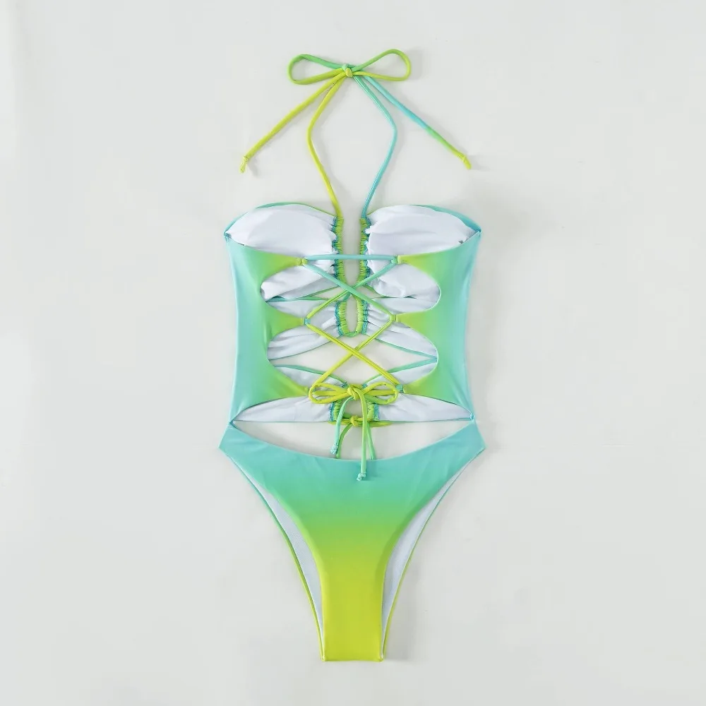 Женский купальник-бикини градиентного цвета, полый цельный сексуальный купальник с открытыми бретельками сзади, одежда для пляжного отдыха для девочек Изображение 2