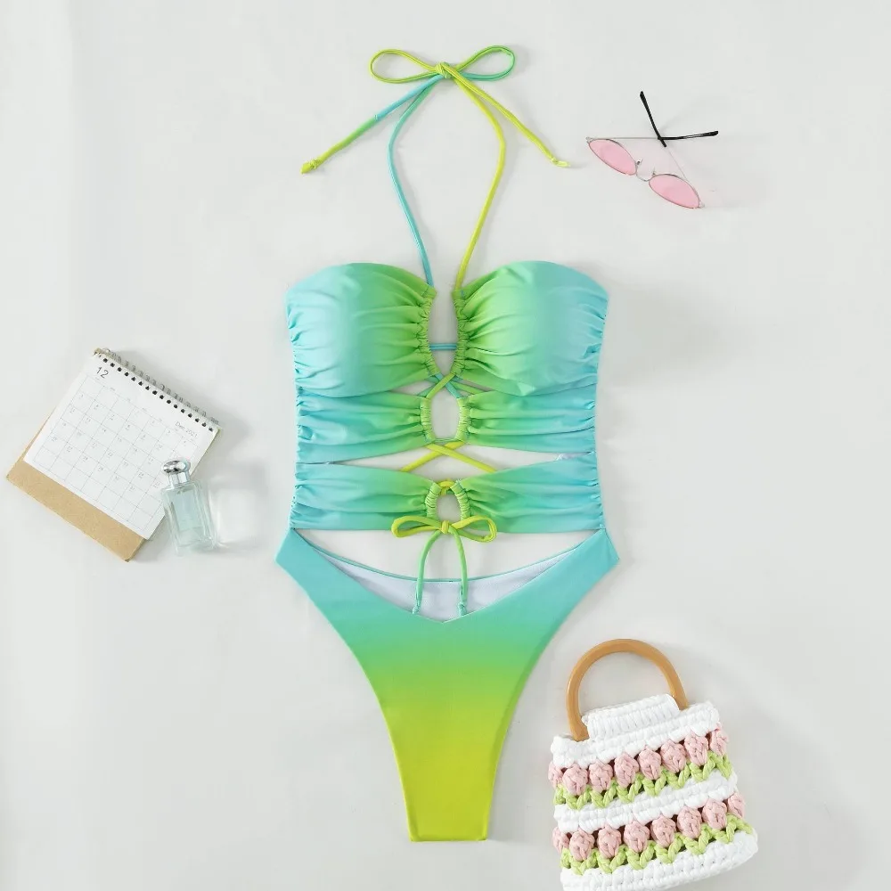 Женский купальник-бикини градиентного цвета, полый цельный сексуальный купальник с открытыми бретельками сзади, одежда для пляжного отдыха для девочек Изображение 5