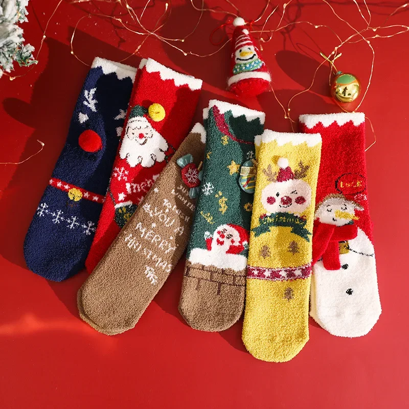 Зимние коралловые и толстые детские носки, семейные носки без каблука, модные теплые детские длинные рождественские носки Изображение 0
