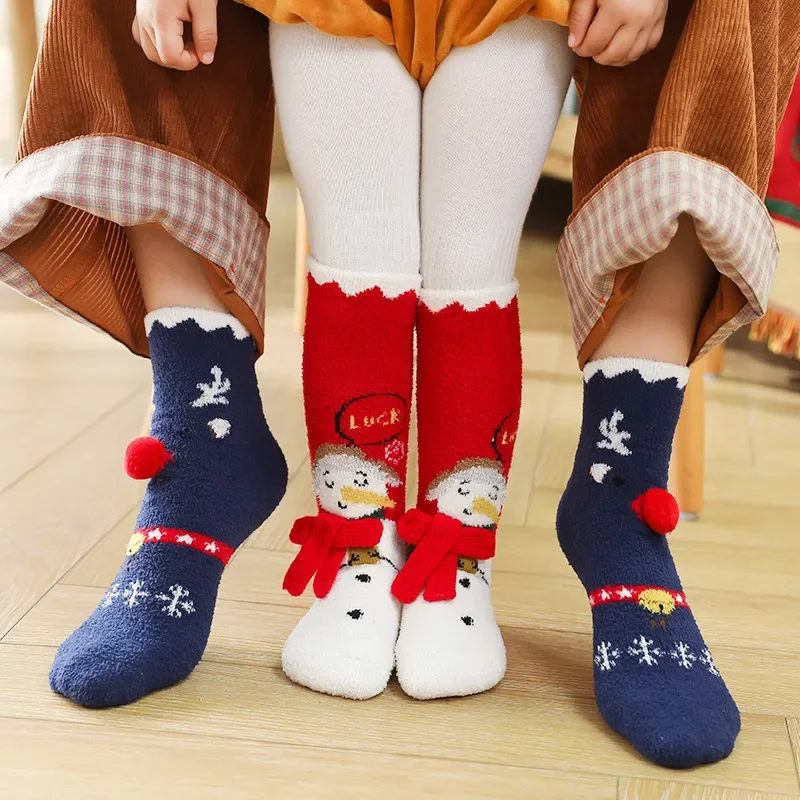 Зимние коралловые и толстые детские носки, семейные носки без каблука, модные теплые детские длинные рождественские носки Изображение 2