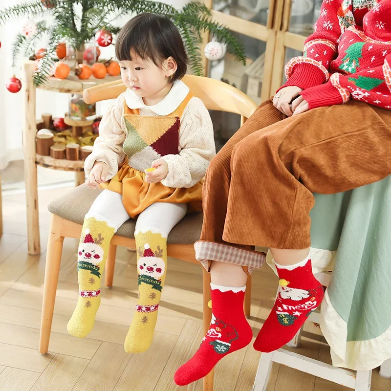 Зимние коралловые и толстые детские носки, семейные носки без каблука, модные теплые детские длинные рождественские носки Изображение 3