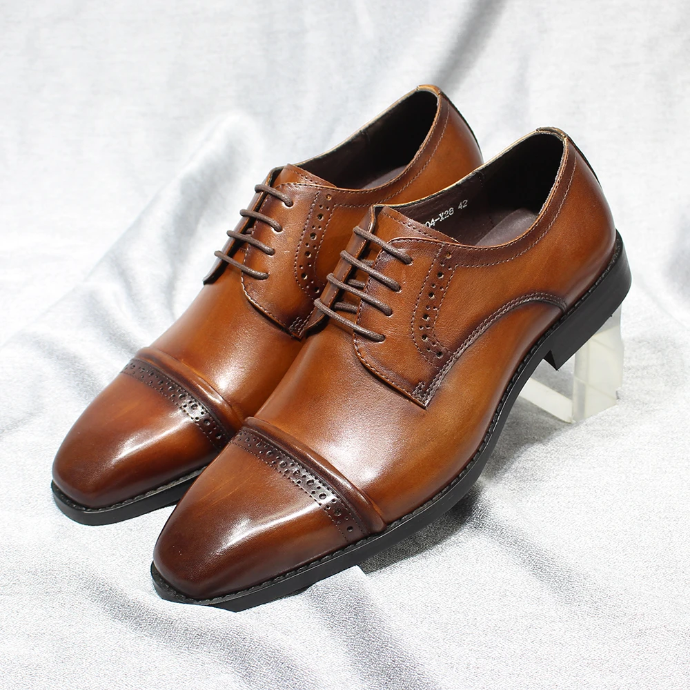 Классические мужские туфли-дерби из натуральной кожи на шнуровке, однотонный носок, деловые модельные туфли ручной работы для мужчин, свадебная официальная обувь Изображение 1
