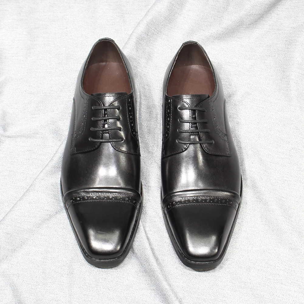Классические мужские туфли-дерби из натуральной кожи на шнуровке, однотонный носок, деловые модельные туфли ручной работы для мужчин, свадебная официальная обувь Изображение 2