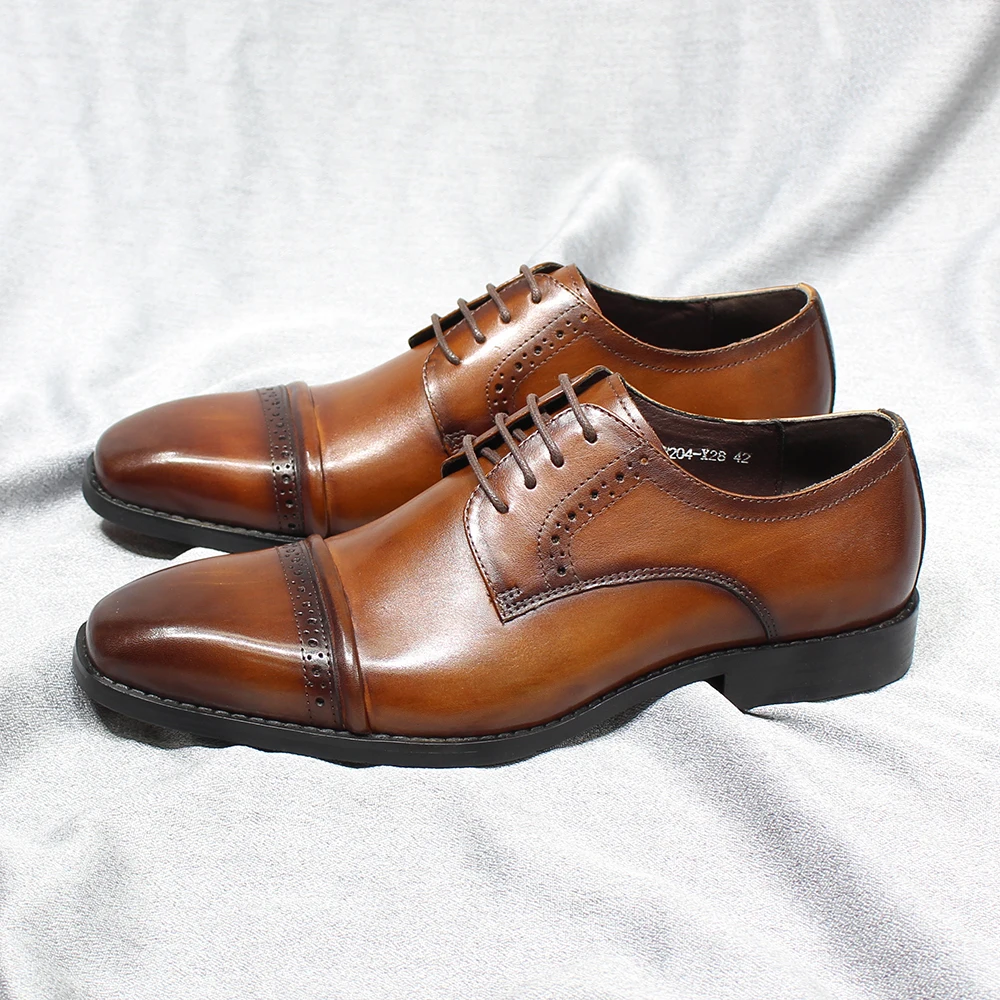 Классические мужские туфли-дерби из натуральной кожи на шнуровке, однотонный носок, деловые модельные туфли ручной работы для мужчин, свадебная официальная обувь Изображение 3