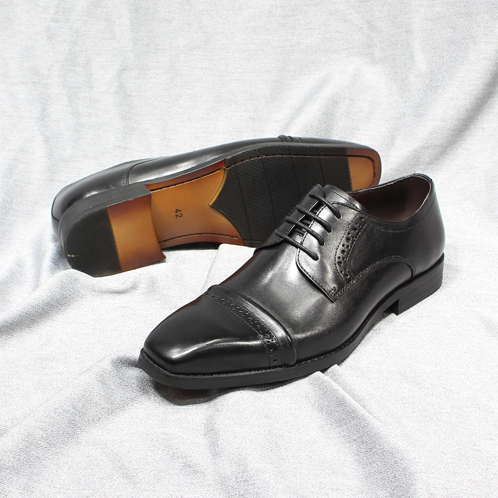 Классические мужские туфли-дерби из натуральной кожи на шнуровке, однотонный носок, деловые модельные туфли ручной работы для мужчин, свадебная официальная обувь Изображение 4
