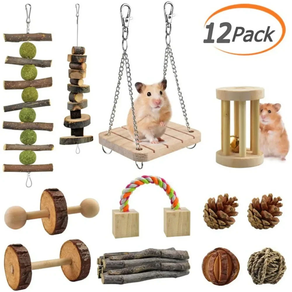 Комбинированная деревянная игрушка для хомяка в упаковке из 12 частей, клетка для маленьких домашних животных, Хомячок, кролик, Коренные зубы, аксессуары для хомячков Изображение 0
