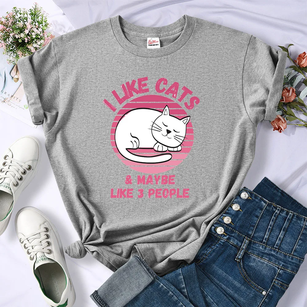 Мне нравятся кошки, может быть, нравятся 3 человека, Милые кошки, спящие женские футболки, Горячая распродажа, новая футболка, Удобная модная одежда, повседневные футболки Изображение 0