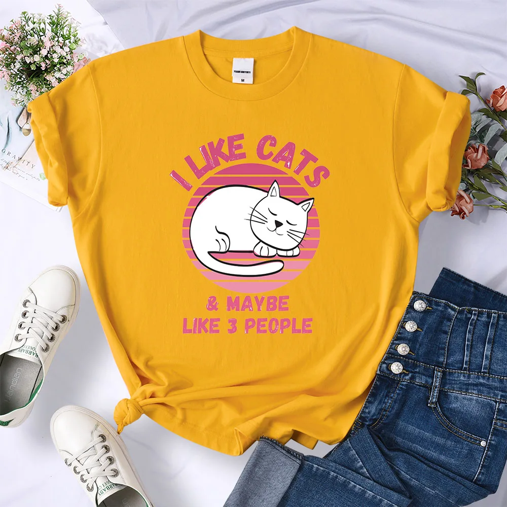 Мне нравятся кошки, может быть, нравятся 3 человека, Милые кошки, спящие женские футболки, Горячая распродажа, новая футболка, Удобная модная одежда, повседневные футболки Изображение 1