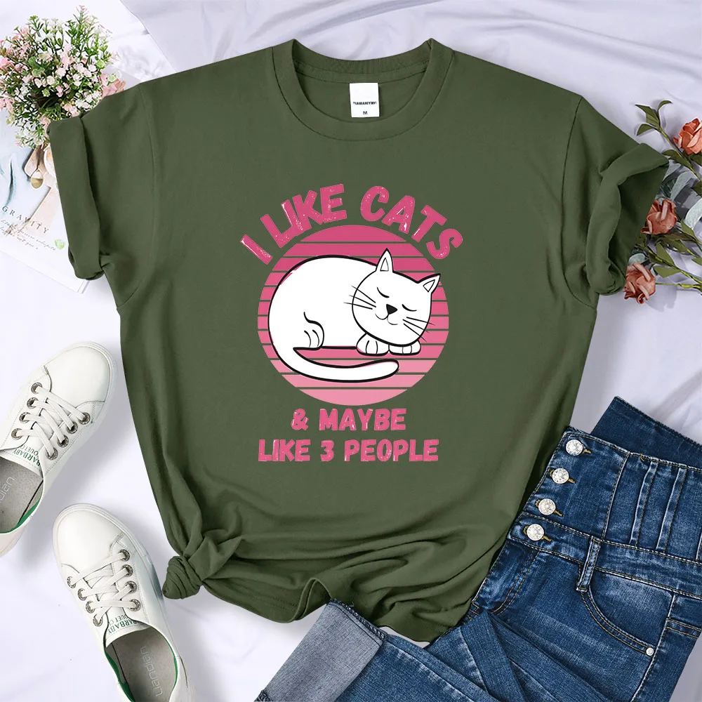 Мне нравятся кошки, может быть, нравятся 3 человека, Милые кошки, спящие женские футболки, Горячая распродажа, новая футболка, Удобная модная одежда, повседневные футболки Изображение 2