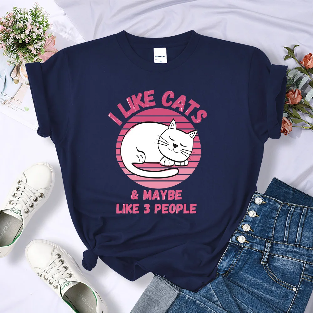 Мне нравятся кошки, может быть, нравятся 3 человека, Милые кошки, спящие женские футболки, Горячая распродажа, новая футболка, Удобная модная одежда, повседневные футболки Изображение 3