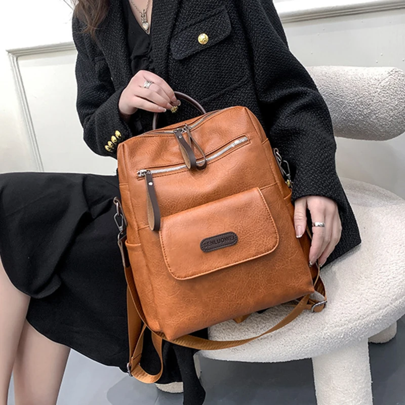 Новый рюкзак из искусственной кожи, высококачественная женская сумка на одно плечо, большая вместительность, простой дорожный рюкзак для студентов, школьный ранец Изображение 4